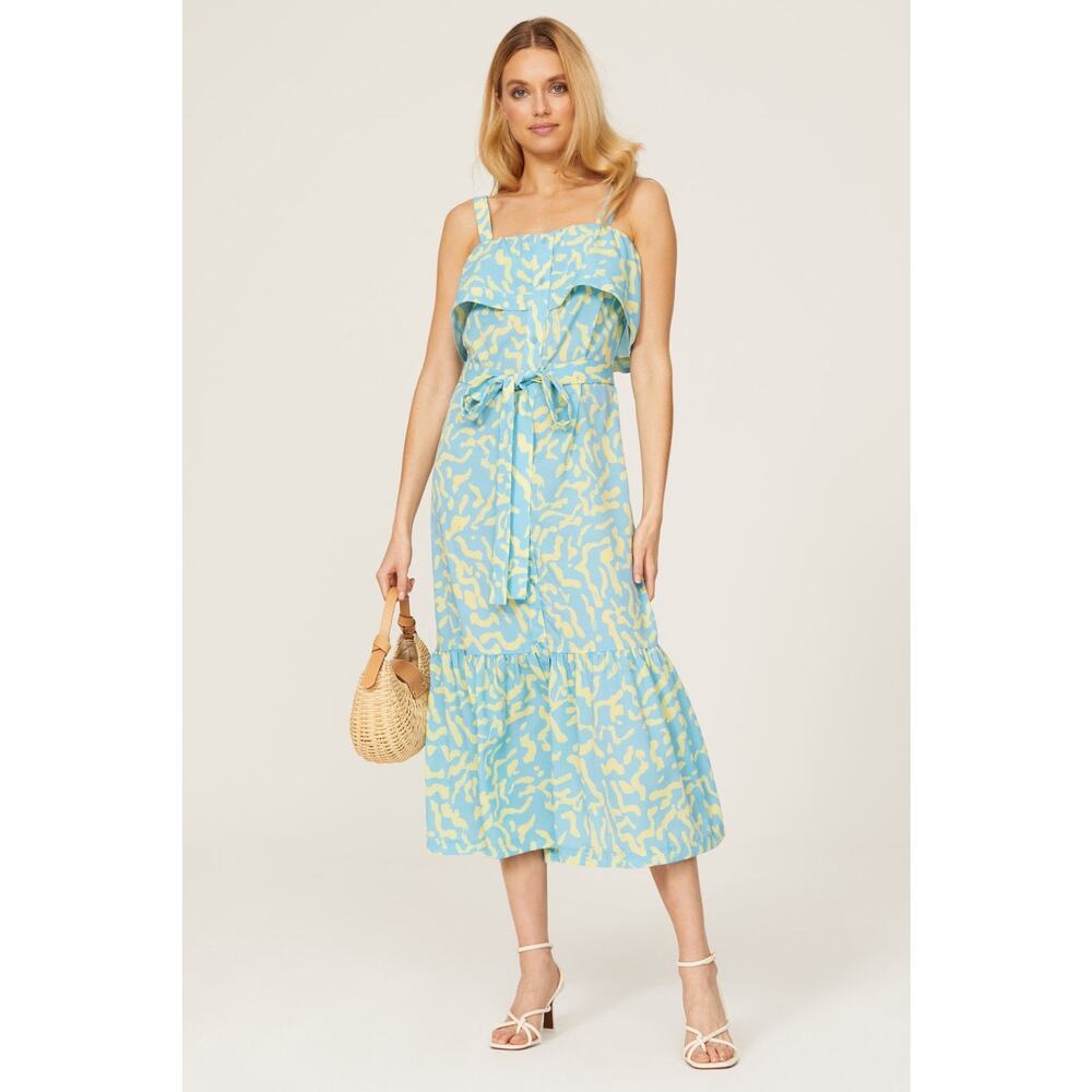 Derek Lam 10 Crosby Blue Yellow Scribble Print Flounce Square Neck Midi Dress 0
